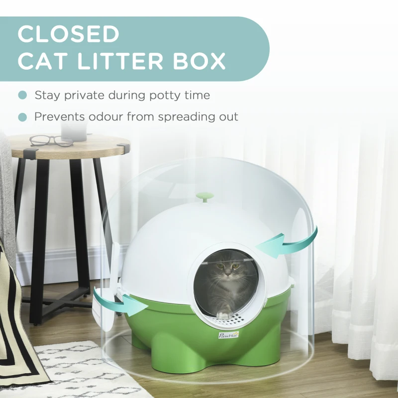 PawHut Hooded Cat Litter Box with Lid, Scoop, Leaking Sand Pedal, Top Handle, Dark Green