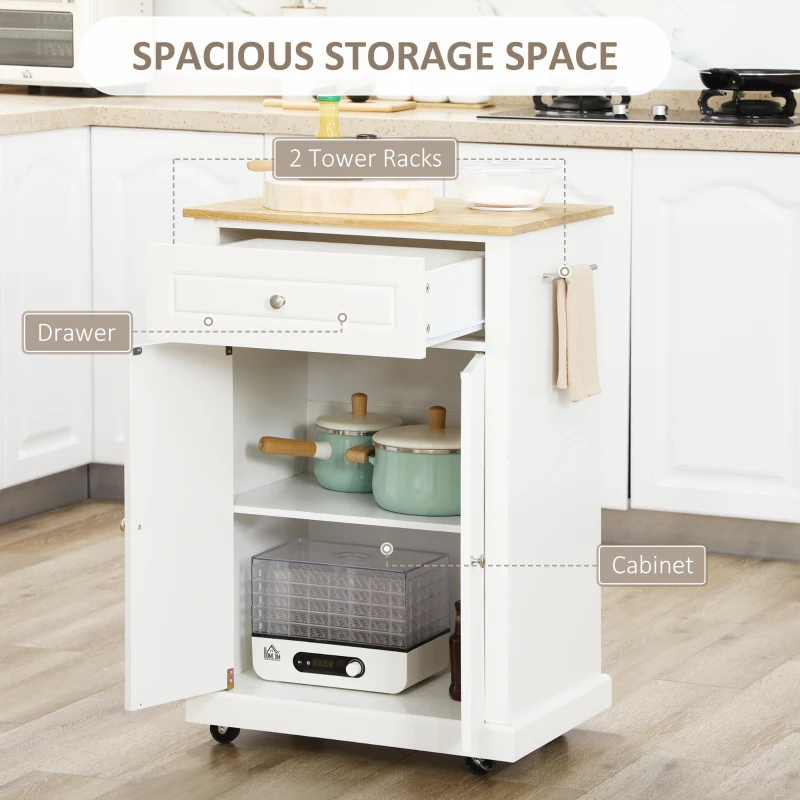 HOMCOM Rolling Kitchen Island Cart, Portable Serving Trolley Table with Drawer, Adjustable Shelf and 2 Towel Racks, Cream White