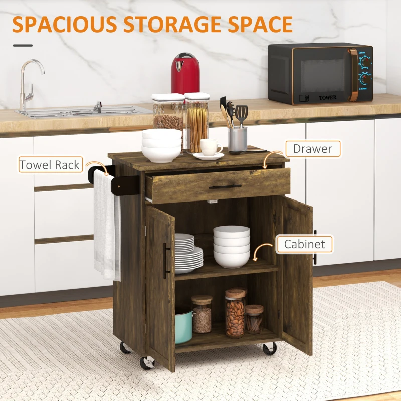 HOMCOM Kitchen Island Cart, Rolling Island Table with Solid Wood Top, Trolley Cart with Drawer, Storage Cabinet & Towel Rack, Rustic Brown