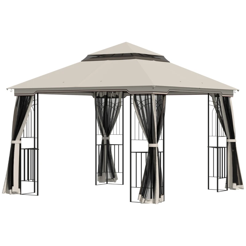 Outsunny 10'x10' Soft-top Patio Gazebo with Double Tier Roof, Mesh Curtains, Display Shelves, Top Hooks, Beige