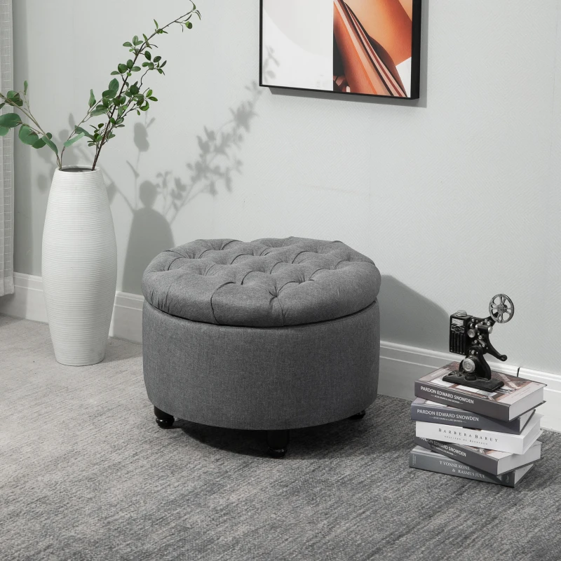 HOMCOM Round Linen-touch Fabric Storage Footstool Ottoman Button Tufted Footrest with Removable Lid, Grey