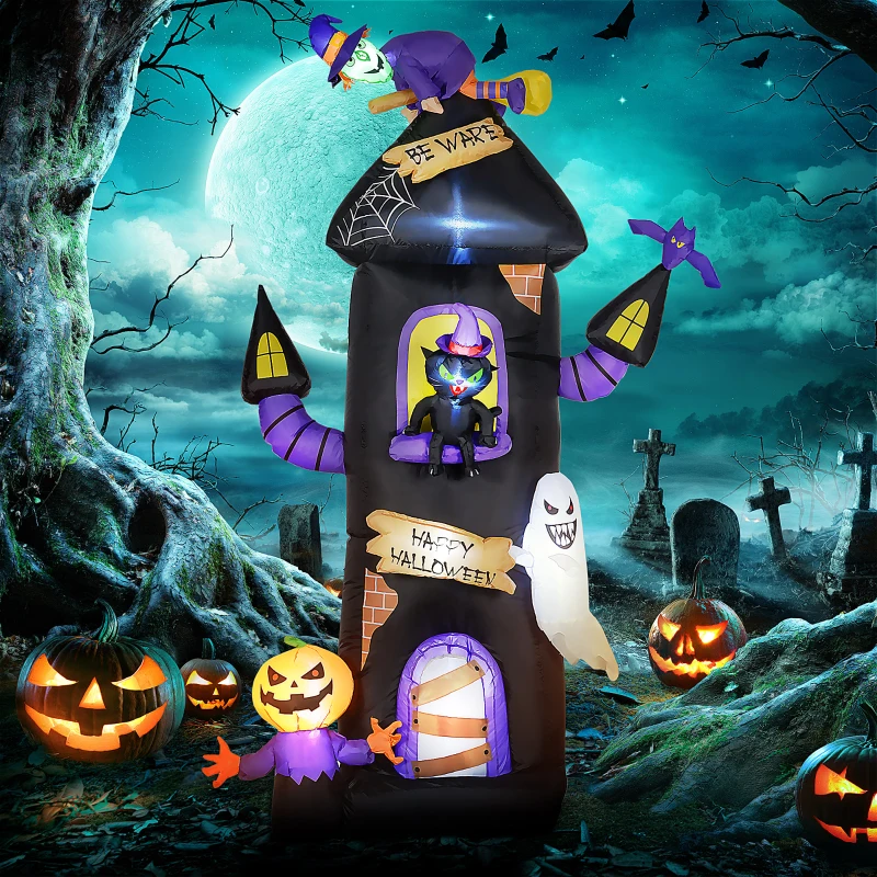 Outsunny 8.5ft Halloween Inflatable Horror Tree House with Witch, Ghost, Blow Up Outdoor Halloween Decoration LED Display