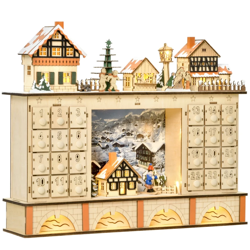 HOMCOM Christmas Advent Calendar, 2022 Light Up Table Xmas Wooden Store Holiday Decoration with Countdown Drawer, Village, for kids Adults, Natural Wood Color