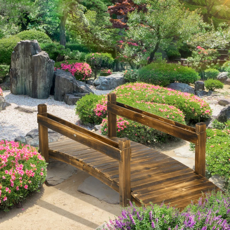 Outsunny 7.5' Wooden Garden Bridge with Planters, Stained Finish Arc Footbridge with Safety Railings for Backyard, Pond Stream, Stained Wood