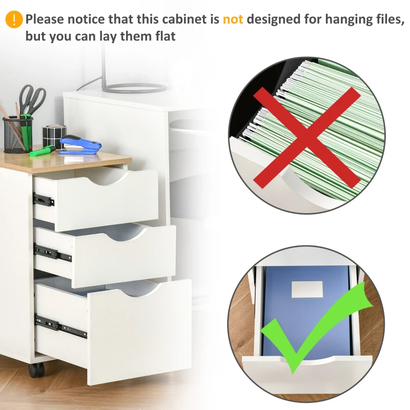 HOMCOM 3-Drawer Storage Cabinet with Wheels for Home Office, White