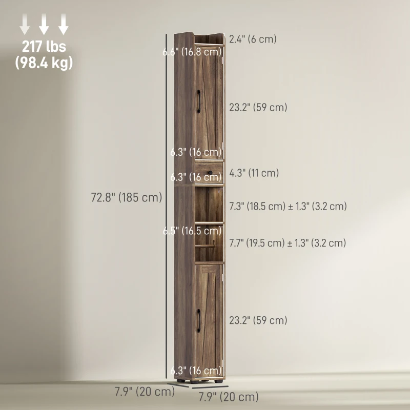 HOMCOM Narrow Bathroom Cabinet, Tall Bathroom Storage Cabinet with Barn Doors, Drawer and Adjustable Shelves, Brown Wood Grain