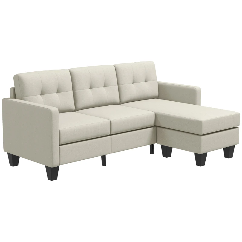 HOMCOM Small Corner Sofa, 3 Seater Sectional Couch with Ottoman, Corner Sofa with Thick Padded Cushion and Wood Legs, Beige