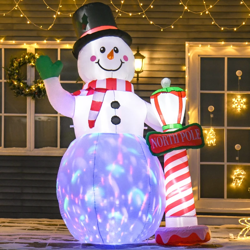 HOMCOM 8ft Christmas Inflatables Outdoor Decorations Snowman with North Pole Sign, Blow-Up Yard Christmas Decor with LED Rotating Colorful Lights Display