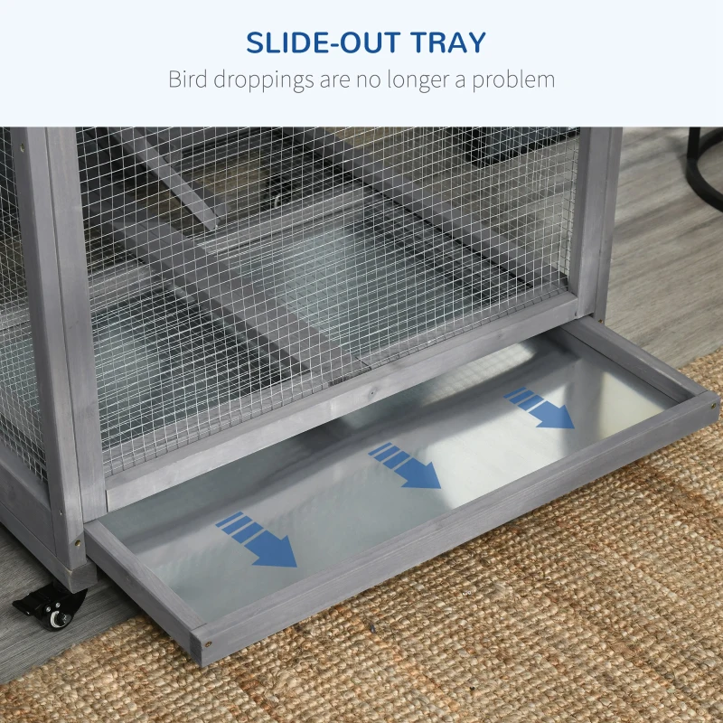 PawHut 71" Bird Cage Large Mobile Wooden Aviary for Canary Cockatiel with Wheel Perch Nest Ladder Slide-out Tray for Indoor Outdoor Dark Grey