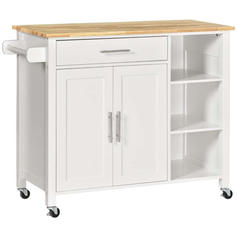 HOMCOM Wooden Rolling Kitchen Island on Wheels,  Kitchen Cart with Drawer for Dining Room, White