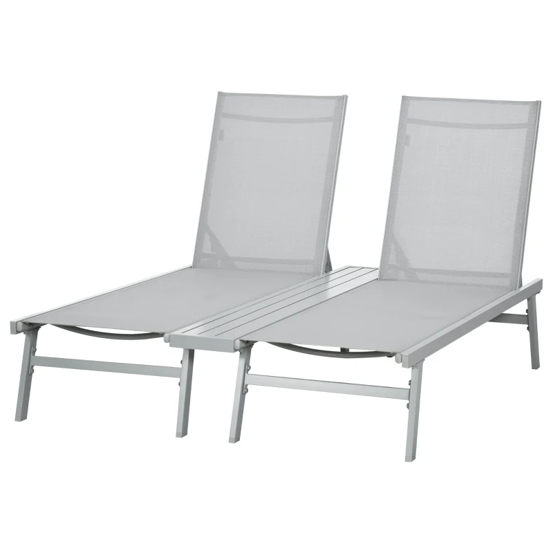 Outsunny Chaise Lounge Pool Chairs Set of 2, Aluminum Outdoor Sun Tanning Chairs with Five-Position Reclining Back, Shelf & Breathable Mesh for Beach, Yard, Patio, Light Gray