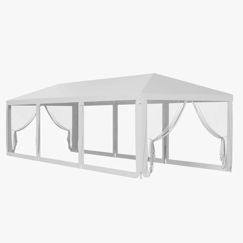 Outsunny 10' x 28' Outdoor Canopy, Party Tent, Garden Sun Shade with 8 Mosquito Mesh Netting and Zipper Door, White