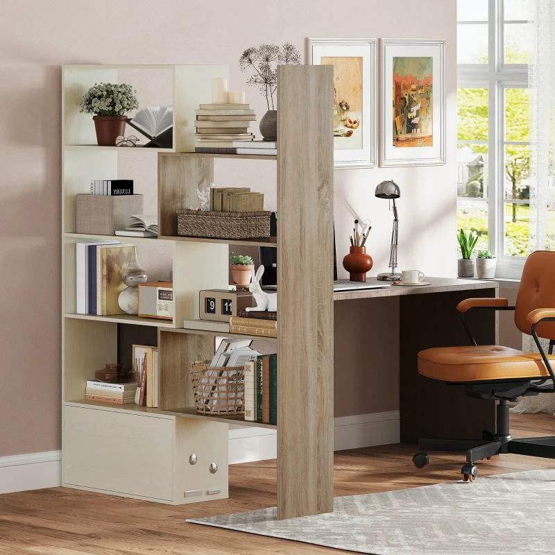 HOMCOM Corner Bookcase, Rotating Storage Display Shelf, Multifunction Tall Bookshelf, Space Saving Room Divider for Home Office, White Oak