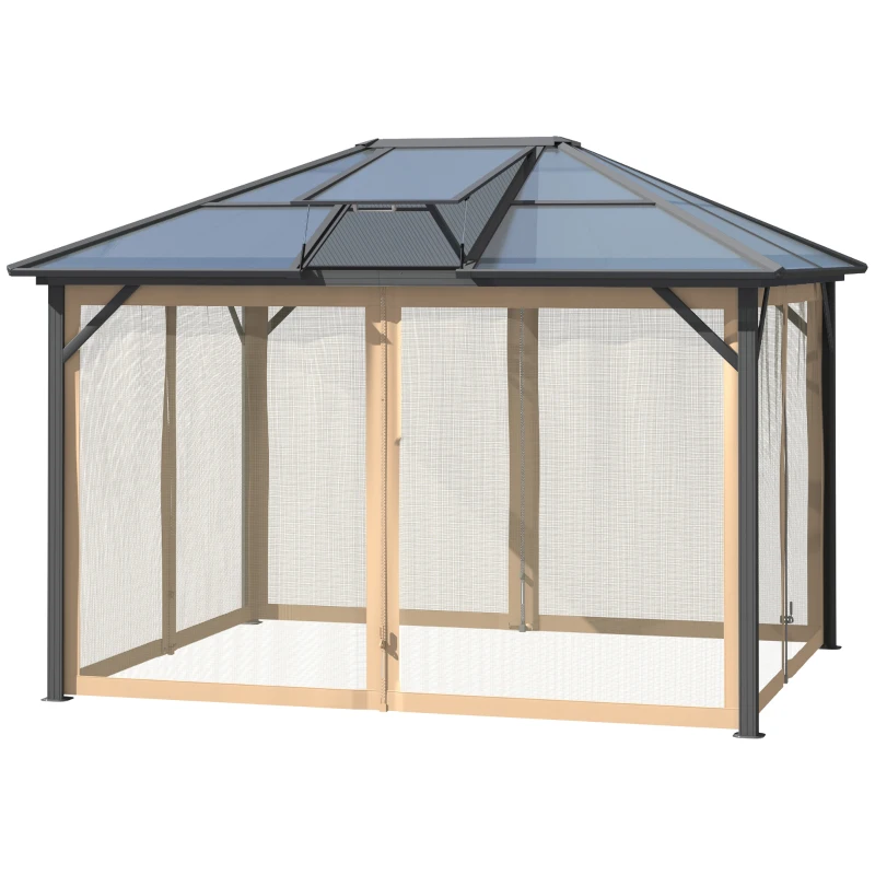 Outsunny 10' x 12' Hardtop Gazebo Canopy with Polycarbonate Roof, Aluminum Frame, Permanent Pavilion Outdoor Gazebo with Netting, for Patio, Garden, Backyard, Deck, Lawn, Gray, Brown