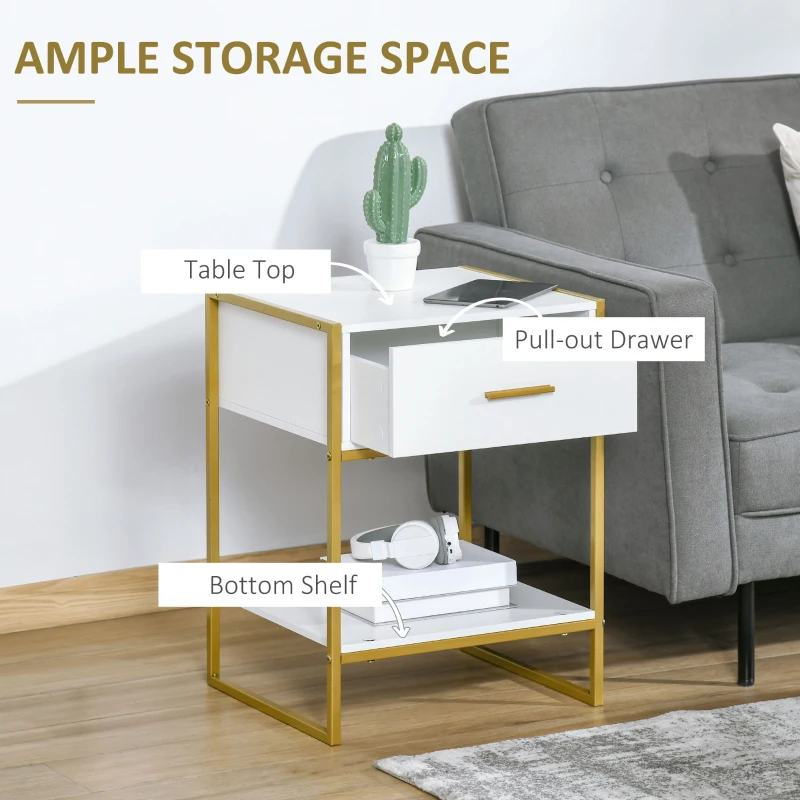 HOMCOM Nightstand Set of 2, Modern Bedside Table with Drawer and Shelf, Bedside Cabinets for Bedroom, White