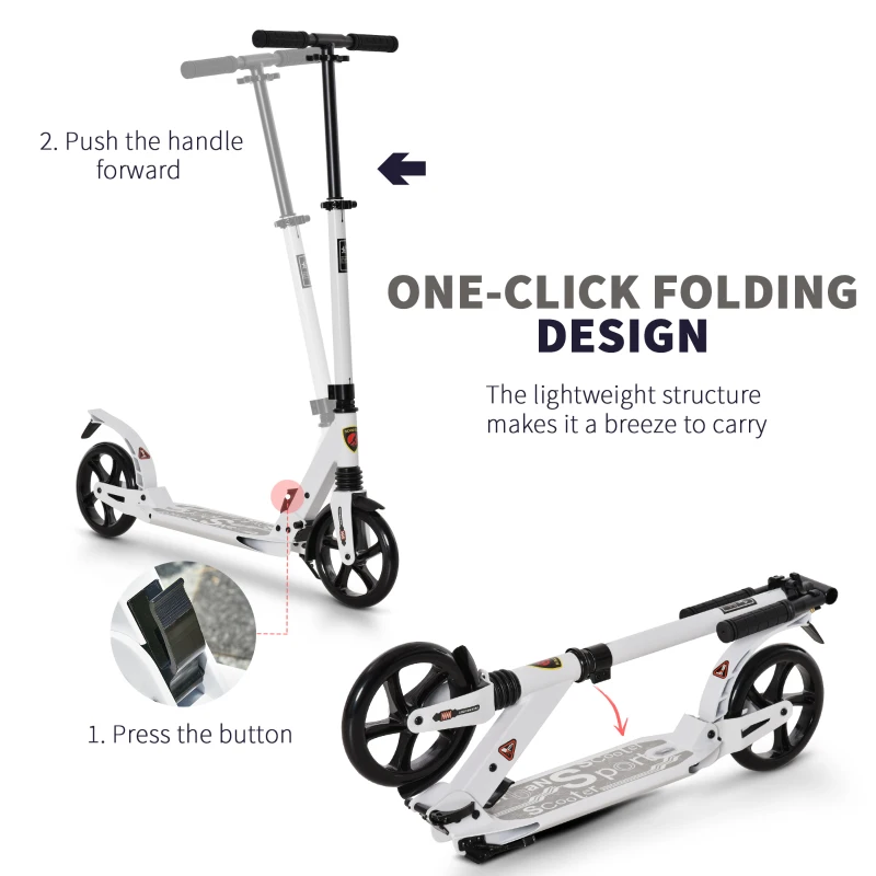 Soozier Foldable Kick Scooter Height Adjustable Ride On Bike with Real Wheel Brake, Dual Shock-Absorbing, Kickstand, and 7.75'' Big Wheels For 14+ Teens Adult, White