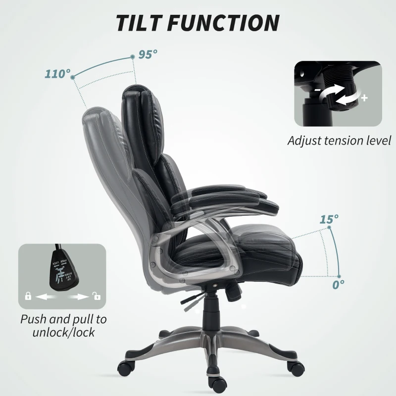 HOMCOM PU Leather High Back Office Chair, Swivel Desk Chair with Tilt Function and Adjustable Height, Black