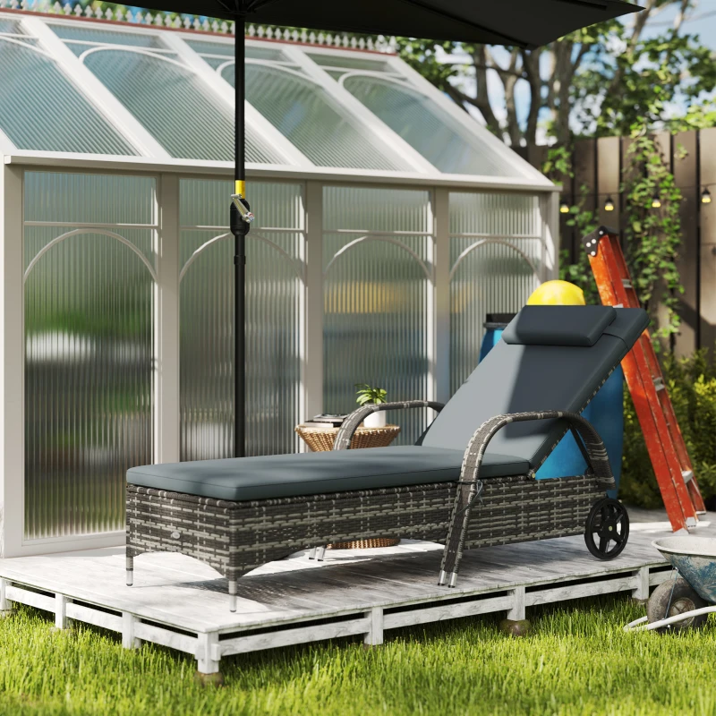 Outsunny Outdoor Chaise Lounge, 5-Level Adjustable Backrest Rattan Pool Lounge Chair with Wheels, Cushion & Headrest, Black