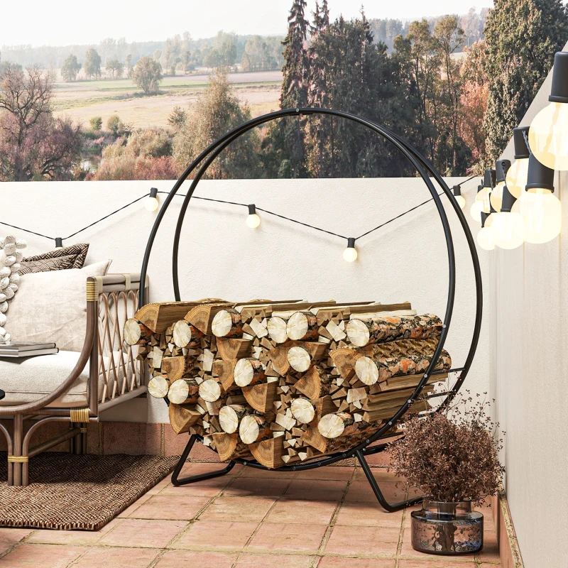 Outsunny 48" Firewood Rack with Waterproof Cover, Heavy Duty Wood Storage Holder Log Rack for Indoor Outdoor, Black