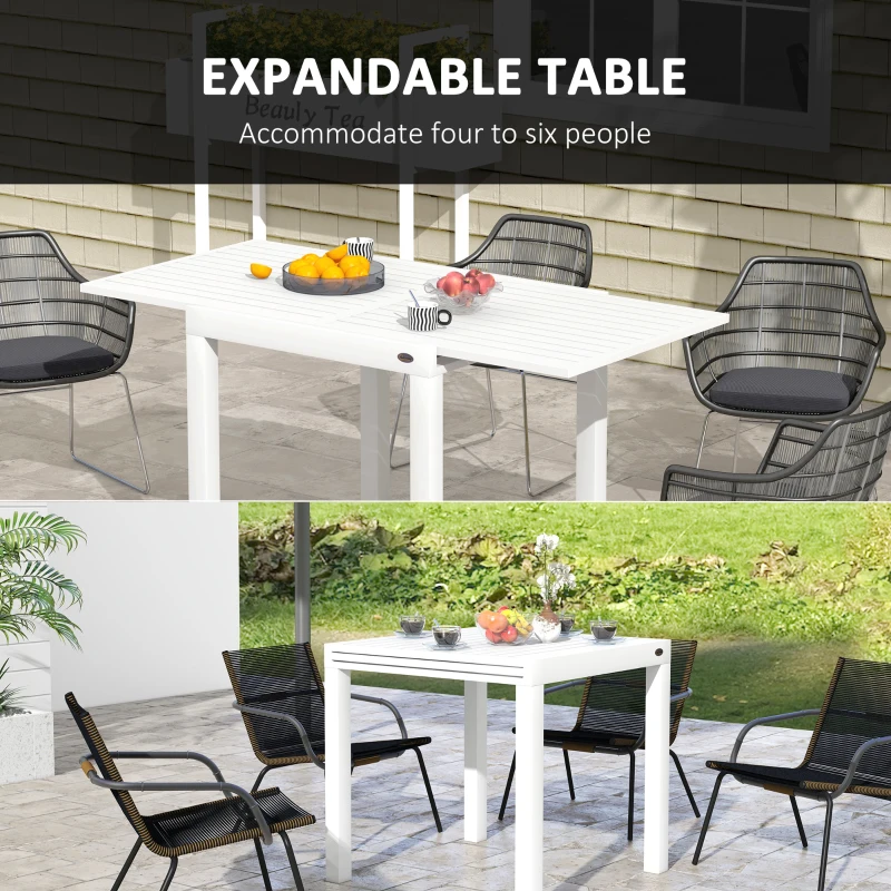 Outsunny Expandable Patio Table, Outdoor Dining Table for 4-6 with Aluminum Frame for Garden, Lawn, Balcony Terrace, White