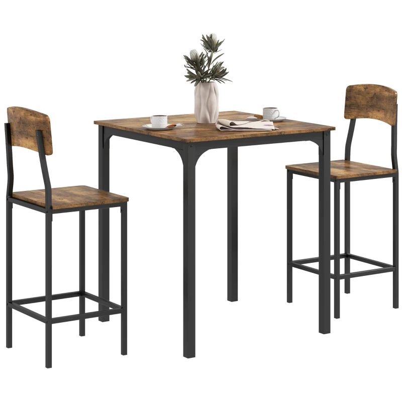 HOMCOM 3 Piece Pub Table and Chairs, Small Kitchen Table and Chairs, Square Dining Table with 2 Stools, Rustic Brown and Black