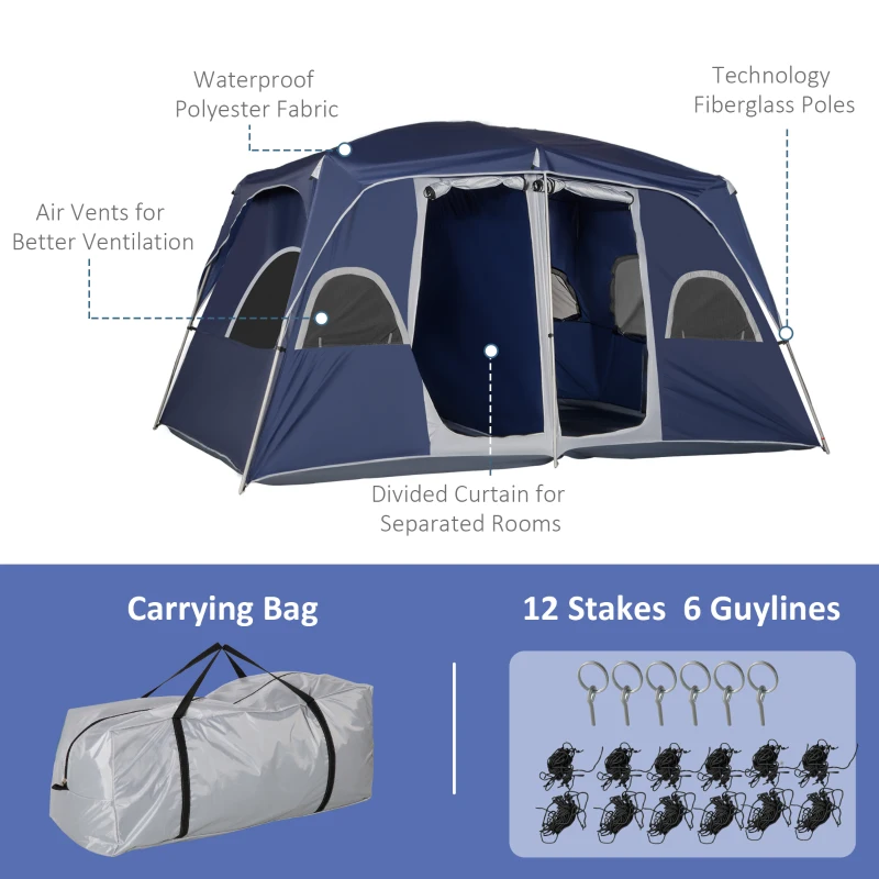 Outsunny Camping Tent, Family Tent 4-8 Person 2 Room, with Large Mesh Windows, Easy Set Up for Outdoor, Traveling, 13' x 9' x 7', Blue