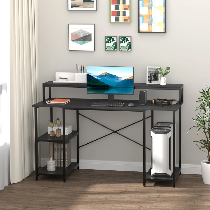 HOMCOM Computer Desk with Shelves and CPU Stand, Home Office Desk Workstation with Adjustable Feet, Black Wood Grain