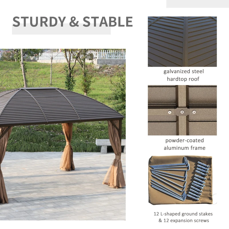 Outsunny 10' x 13' Hardtop Gazebo with Curtains, Netting, Pavilion with Steel Roof Ceiling Hook for Garden Patio, Brown