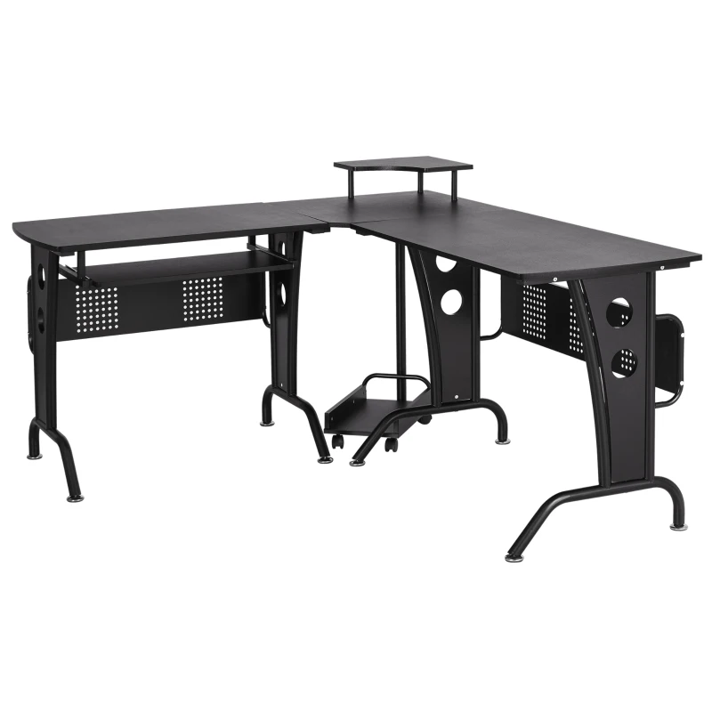 HOMCOM L-Shaped Computer Desk for PC, Corner Table for Small Spaces with Elevated Shelf, Keyboard Tray, CPU Stand, Home Office