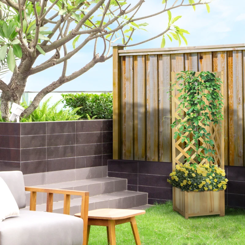 Outsunny Wooden Raised Garden Bed, Planter with Trellis for Vine Climbing and Vegetables, Herbs and Flowers Growing, Natural