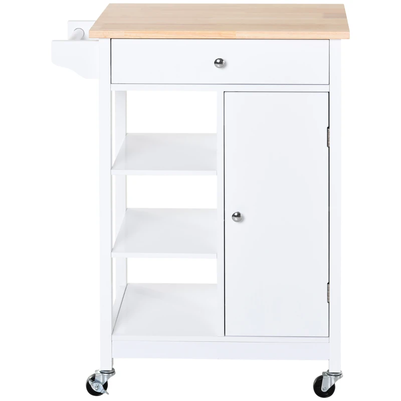 HOMCOM Modern Rolling Kitchen Island Cart with Drawer, Natural Wood Top, Towel Rack, Door Storage Cabinet, White