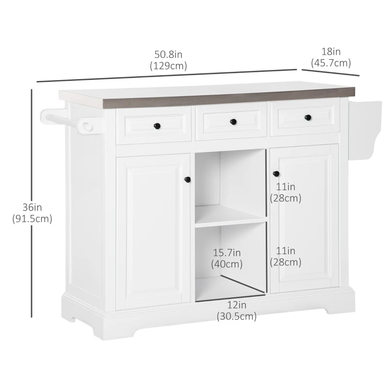 HOMCOM Kitchen Island on Wheels with Stainless Steel Top, Spice Rack, Drawers, Rolling Bar Cart with Storage, White