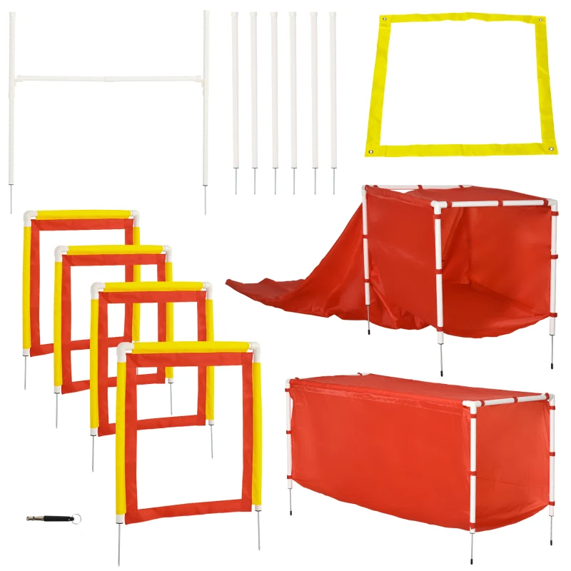 PawHut Dog Agility Training Equipment Set with Adjustable Hurdle, Tunnel, Chute, Weave Poles, Pause Box, Panels, Outdoor Obstacle Course Kit with Whistle