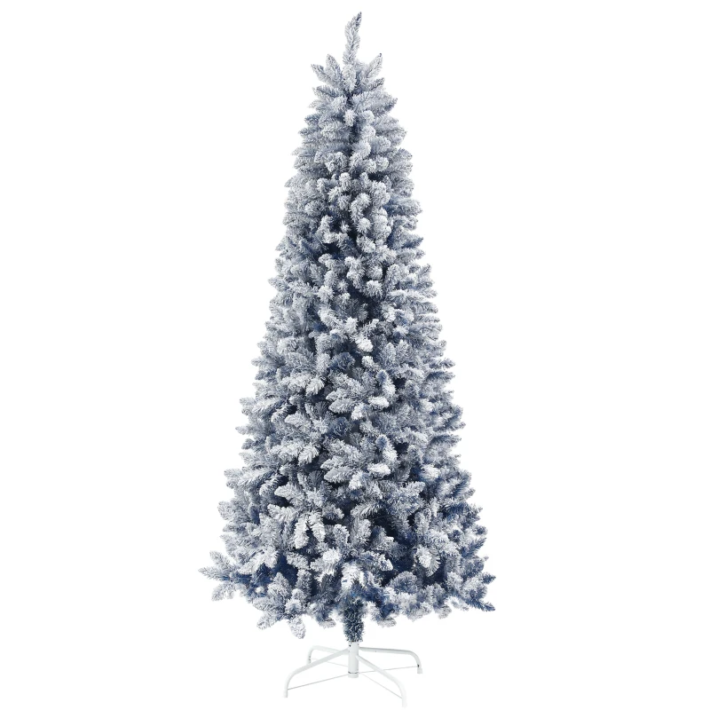 HOMCOM 7ft Flocked Blue Christmas Tree, Artificial Christmas Tree with Hinged Design, Faux Snow, for Home Office Holiday Xmas