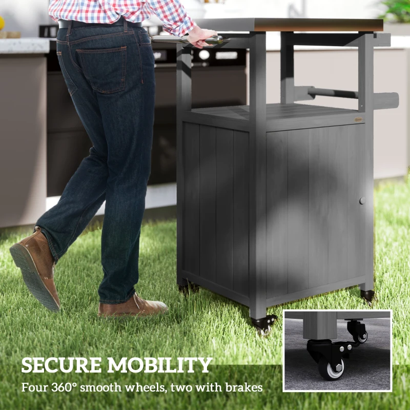 Outsunny Outdoor Grill Cart with Stainless Steel Top, Solid Wood Outdoor Kitchen Island with Wheels, Integrated Hole, Dark Gray