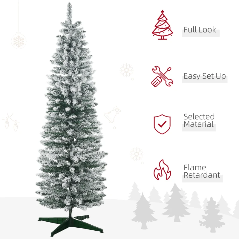 HOMCOM 6' Snow Flocked Artificial Pencil Christmas Tree, Slim Xmas Tree with Realistic Branches and Plastic Base Stand for Indoor Decoration, Green