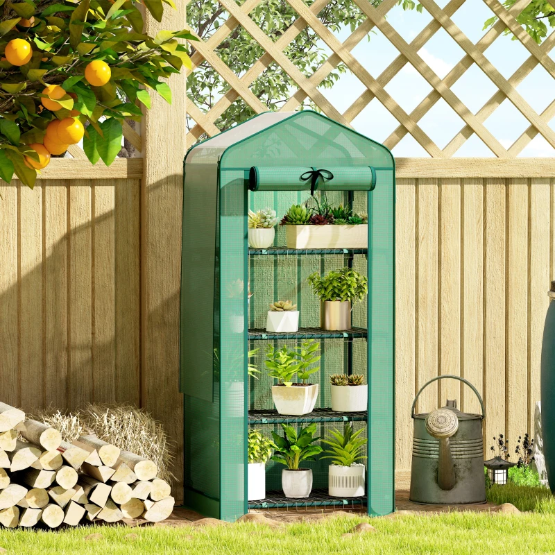 Outsunny Mini Greenhouse with Screen Roof, 4 Tier Portable Small Greenhouse with High Strength PE Cover, Green