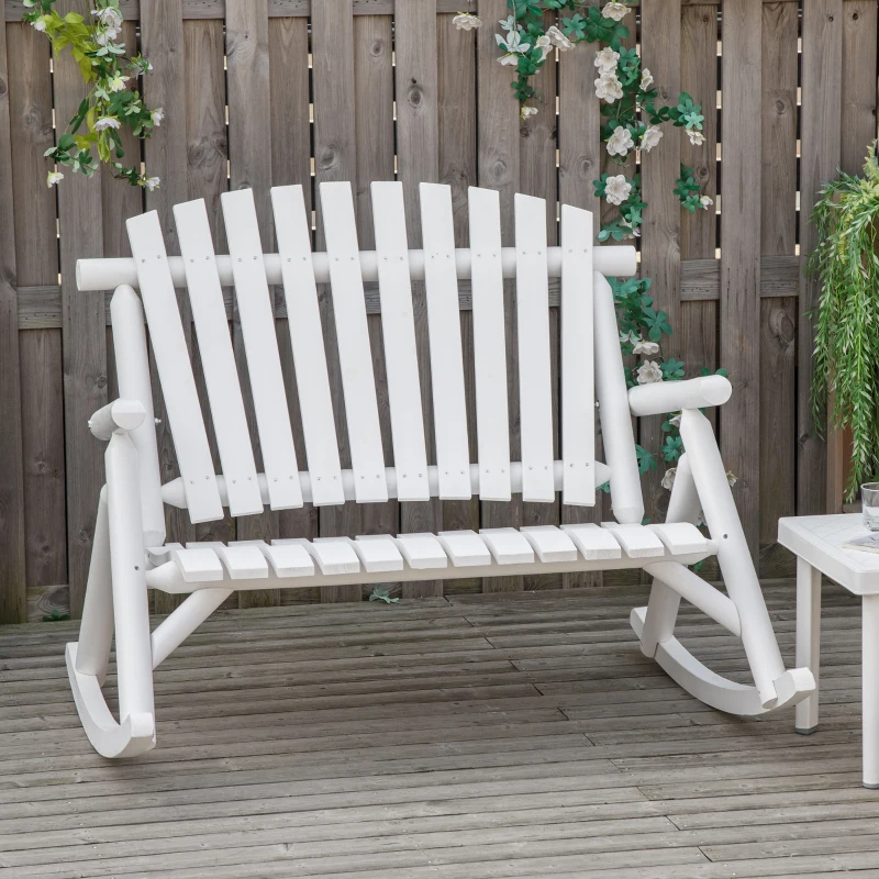 Outsunny Outdoor Wooden Rocking Chair, Double-Person Rustic Adirondack Rocker with Slatted Seat, High Backrest, Armrests for Patio, Garden and Porch, White