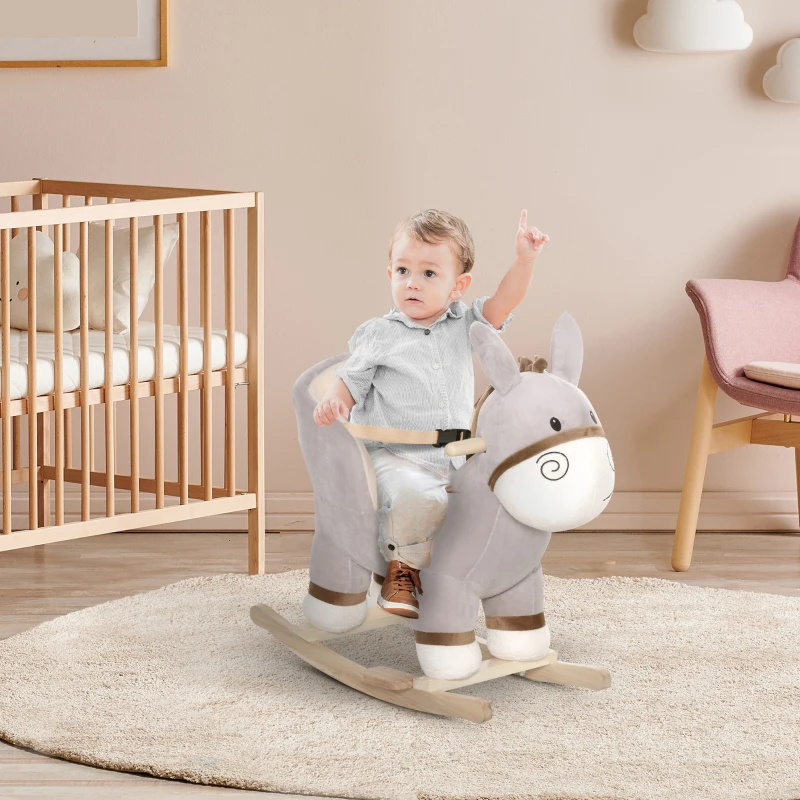 Qaba Kids Rocking Chair, Plush Ride On Rocking Horse Donkey with Sound, Wood Base Seat, Safety Belt, Baby Toddler Rocker Toy for 18 - 36 Months, Gray