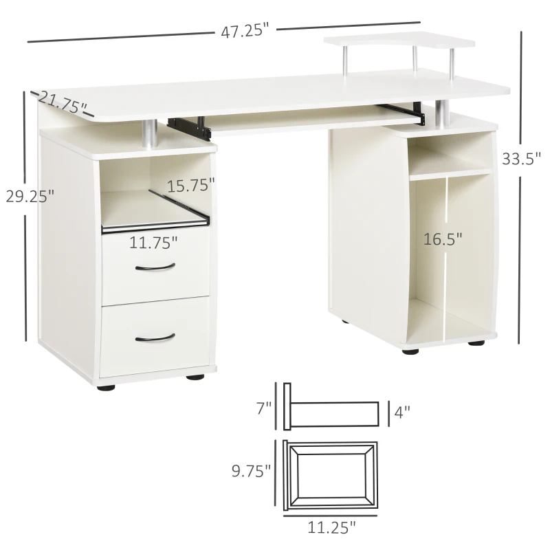 HOMCOM Multi-Function Computer Desk, Home Office Workstation with Keyboard Tray, Elevated Shelf, Sliding Scanner Shelf and CPU Stand, 47.25 x 21.75 Inch, White