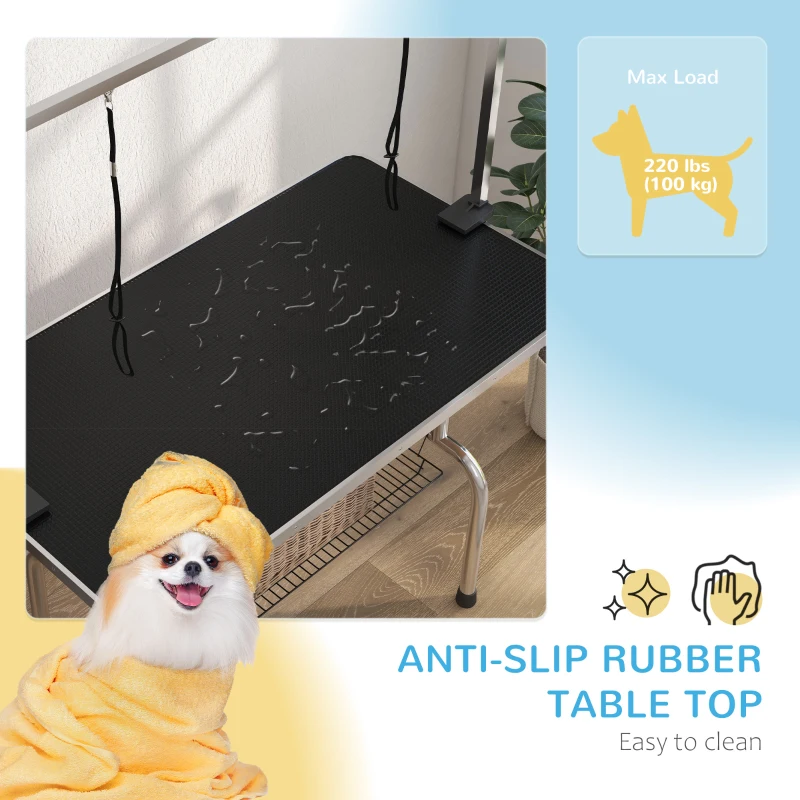 PawHut Adjustable Dog Grooming Table with 2 Safety Slings, Storage Basket, Black