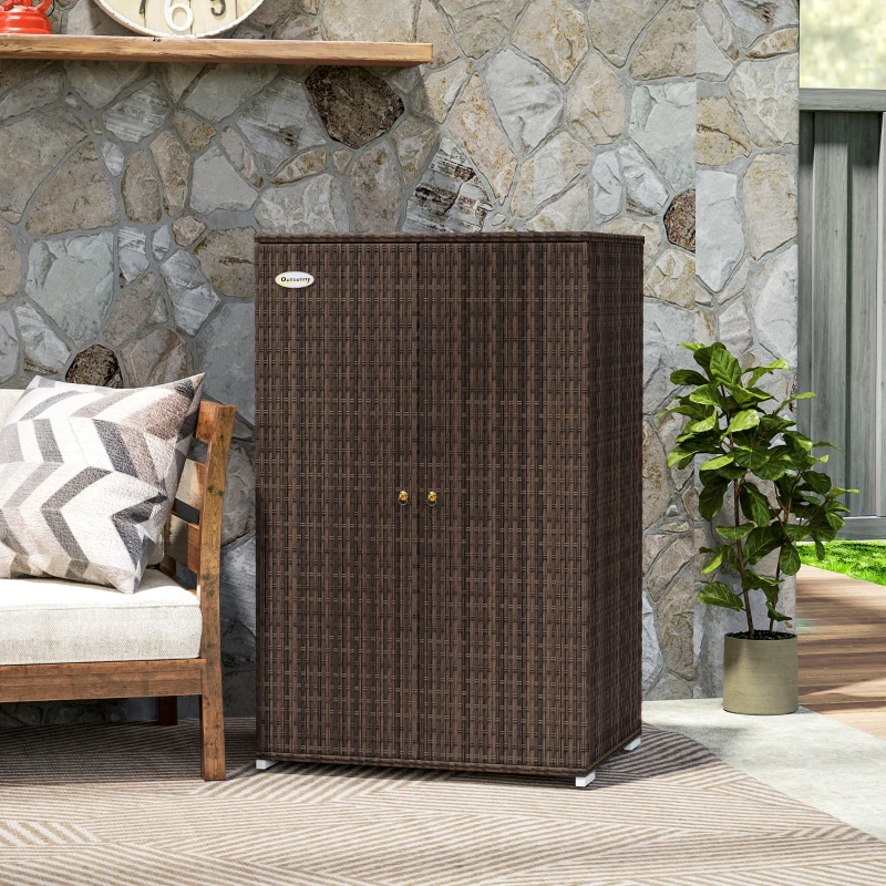 Outsunny Outdoor Storage Cabinet with Shelves, Rattan Pool Towel Storage Cabinet with Removable Shelf & Drawer, Mixed Brown