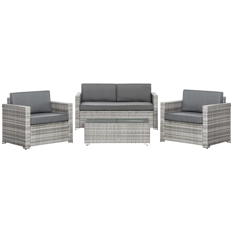 Outsunny 4 Pieces Patio Wicker Sofa Set, Outdoor PE Rattan Extra Wide Seat Conversation Furniture w/ Tempered Glass Table-top & Thick Padded Cushion for Garden, Backyard, Lawn, Mixed Grey