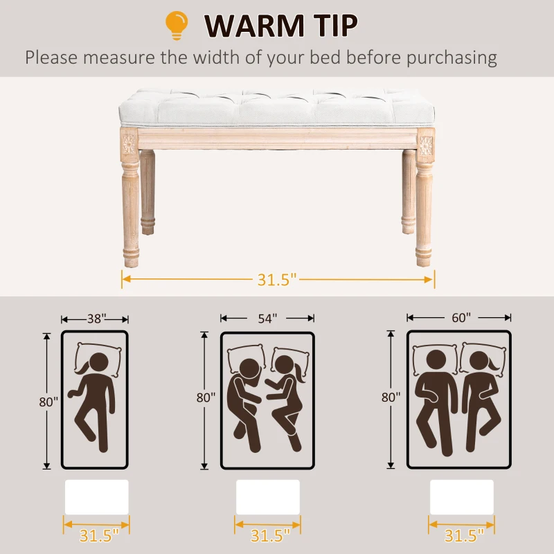 HOMCOM 32" Linen Upholstered Bedroom Bench, French End of Bed Bench with Thick Padded Cushion and Wooden Legs, Cream White