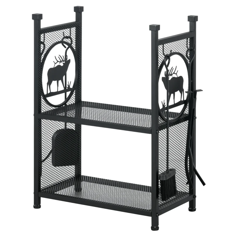 Outsunny 2-Tier Firewood Rack with Shovel, Broom, Poker, Tongs, Side Hooks, Log Holder for Fireplace, Outdoor Indoor Wood Storage Stacker, 21.7" x 12.6" x 30.3", Black