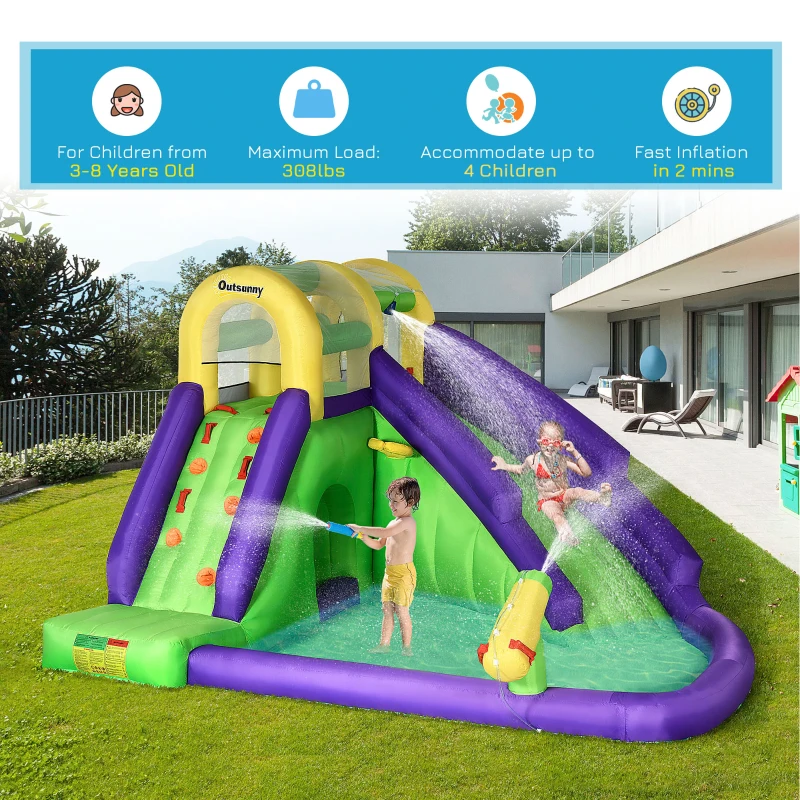 Outsunny 5-in-1 Inflatable Water Slide, Kids Castle Bounce House with Slide, Basketball, Pool, Water Cannon, Climbing Wall Includes Carry Bag, Repair Patches, 680W Air Blower