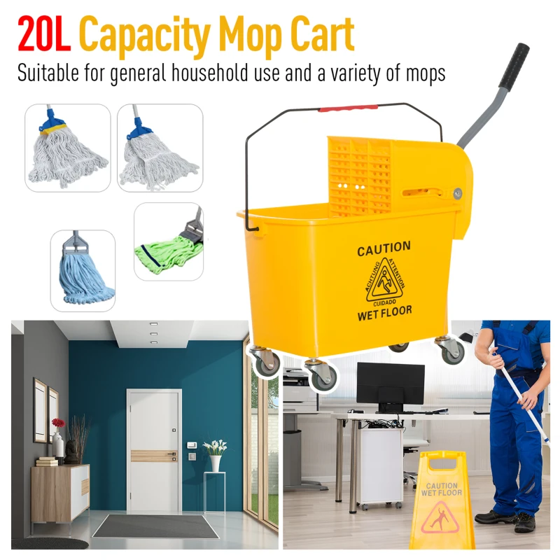 HOMCOM Compact Mop Bucket with Wringer, Mop Bucket on Wheels, 5 Gallon, Separate Dirty and Clean Water, Yellow