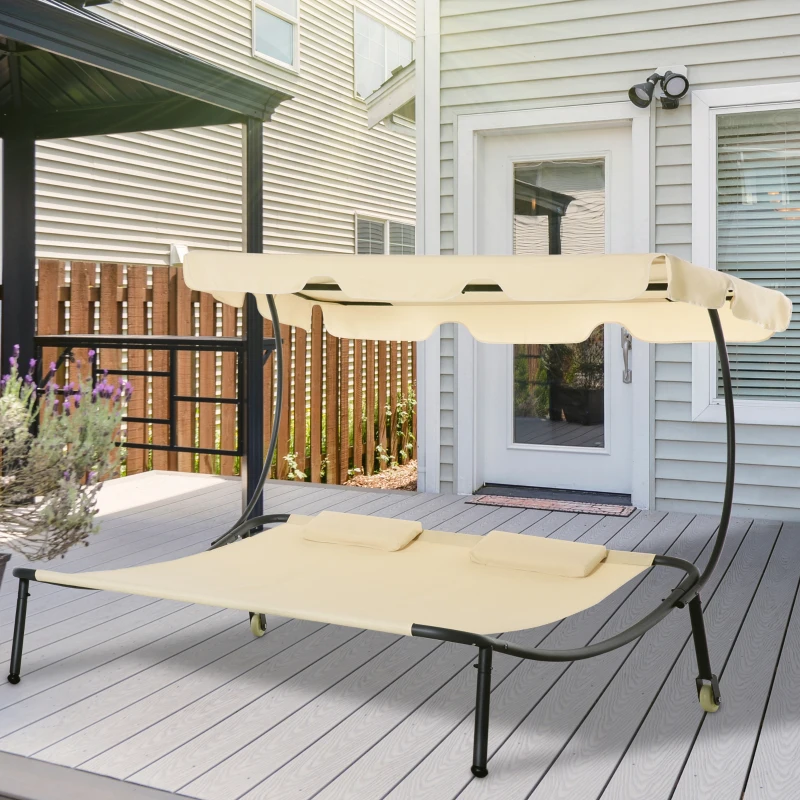 Outsunny Patio Double Chaise Lounge Chair, Outdoor Wheeled Hammock Daybed with Adjustable Canopy and Pillow for Sun Room, Garden, or Poolside, Beige