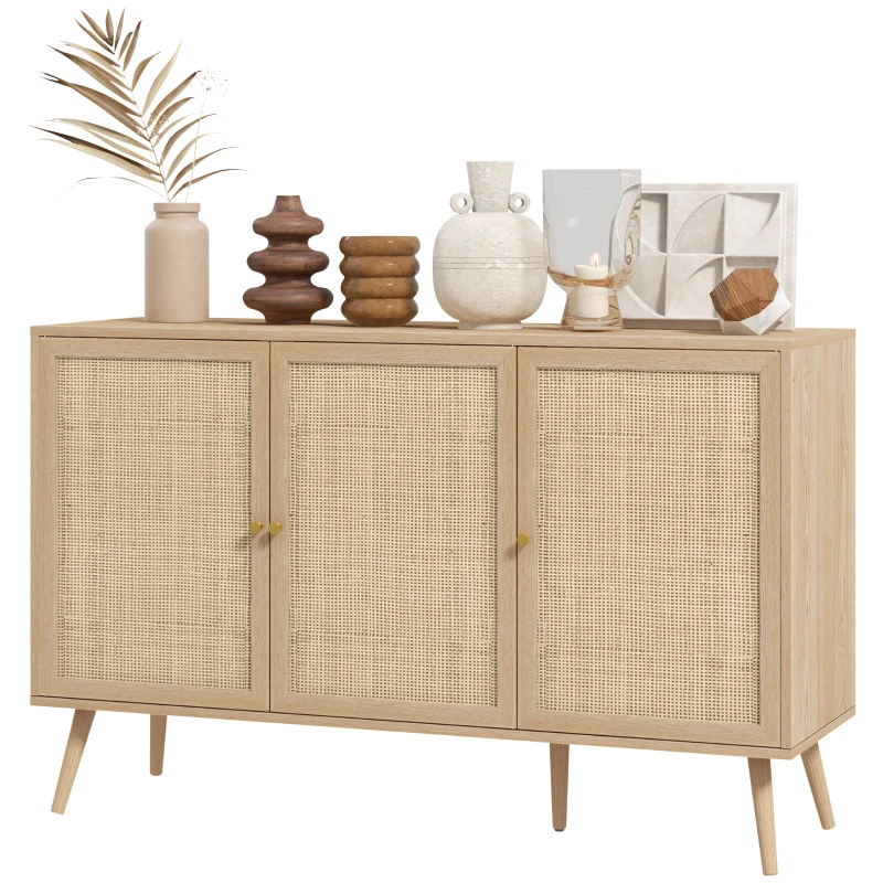 HOMCOM Kitchen Sideboard Cabinet, Boho Storage Cabinet with Shelves, Wood Legs, Decorative Rattan Doors, Natural