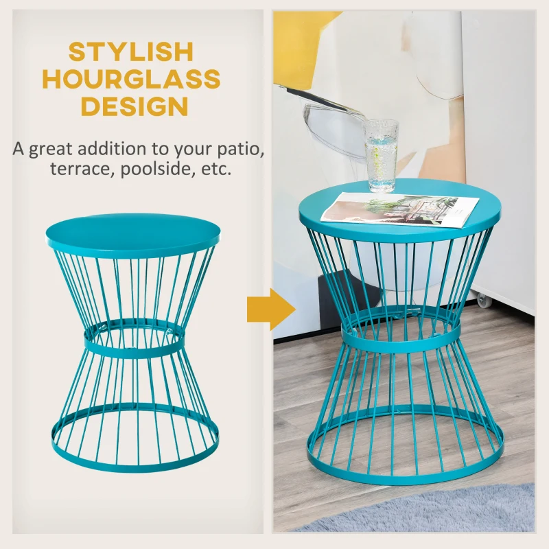 Outsunny 16" Steel Patio Side Table, Garden End Table with Hourglass Design, Accent Table for Outdoor and Indoor Use, Blue